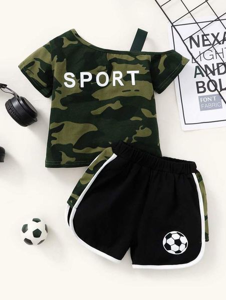

toddler girls camo & letter graphic asymmetrical neck tee & shorts she, White