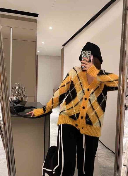 

women's knits tees early spring mar * yellow diamond check knit cardigan sweater loose men's and women's top, White