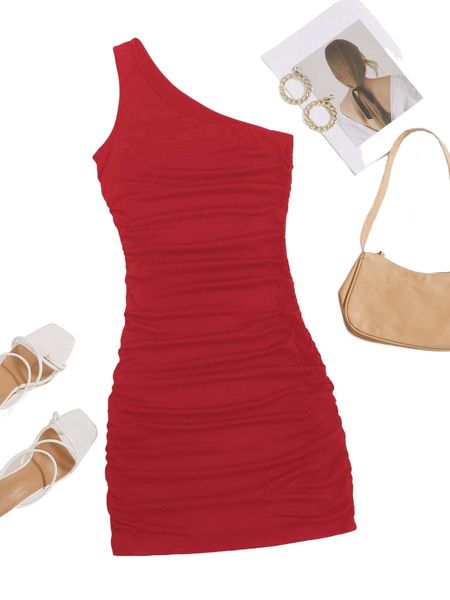 

one shoulder ruched bodycon dress 95b7#, Black;gray