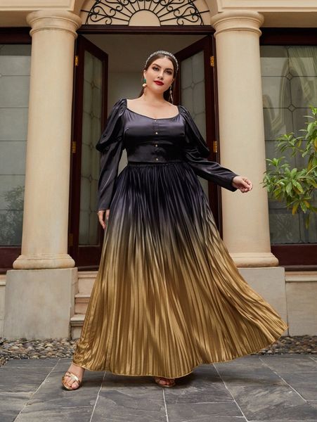 

plus button front gigot sleeve & ombre pleated skirt set l7zj#, Black