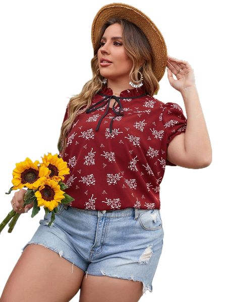 

plus ditsy floral tie neck puff sleeve blouse i03u#, Black