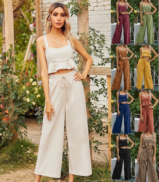 

women's two piece pants ruffle trim twist with pants i0yc#, White