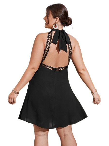 

plus contrast guipure lace tie backless halter dress b6ry#, Black
