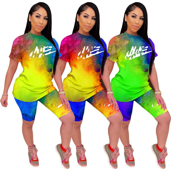 

2022 designer two pcs set women clothing tie dye tracksuits crew neck casual t-shirt biker shorts womens clothes summer cycling outfits gym, Gray