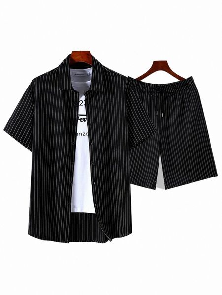 

men vertical striped shirt & drawstring waist shorts without tee q24q#, Gray