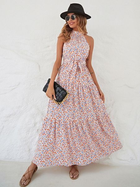 

floral print ruffle hem belted dress 42nl#, Black;gray