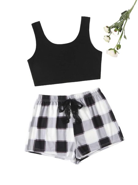 

plaid print tie front pj set y7uz#, Black;red