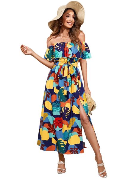

x jenn wray tropical print off shoulder ruffle trim split thigh belted dress x80s#, Black;gray
