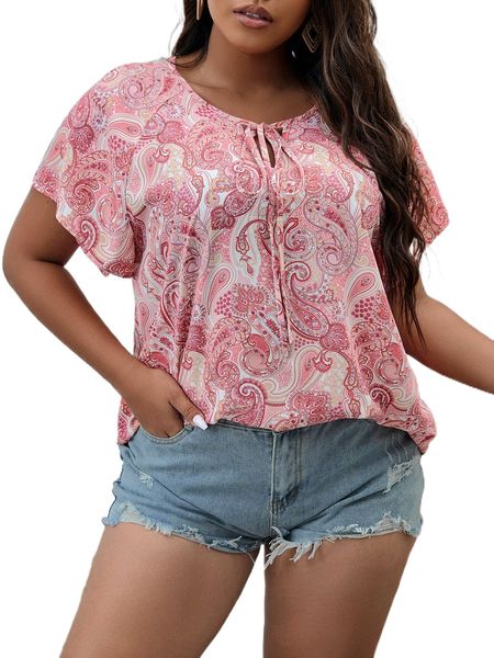 

plus floral & paisley print raglan sleeve tie neck blouse 856v#, Black