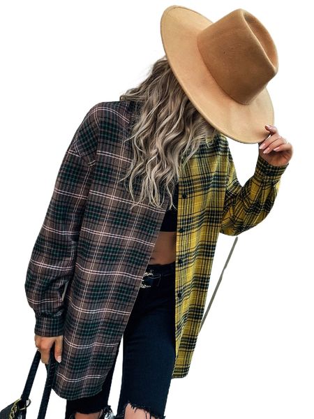 

tartan color block drop shoulder blouse s58m#, White