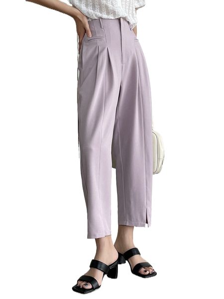 

dazy-less high waist fold pleated split hem pants w9bh#, Black;white
