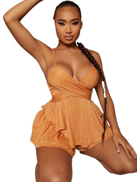 

tie back layered hem wrap cami romper b1tb#, Black;white