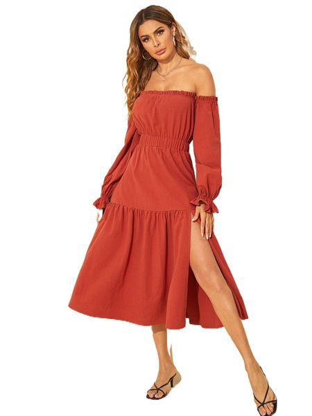 

off shoulder frill trim split thigh dress k1dj#, Black;gray