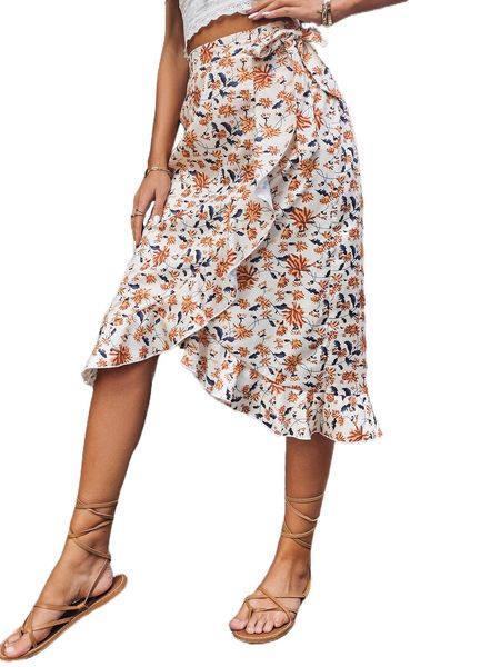 

allover floral print knot side ruffle trim wrap skirt k928#, Black