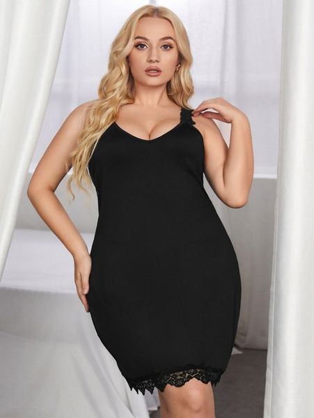 

plus contrast lace cami night dress n2so#, Black;white