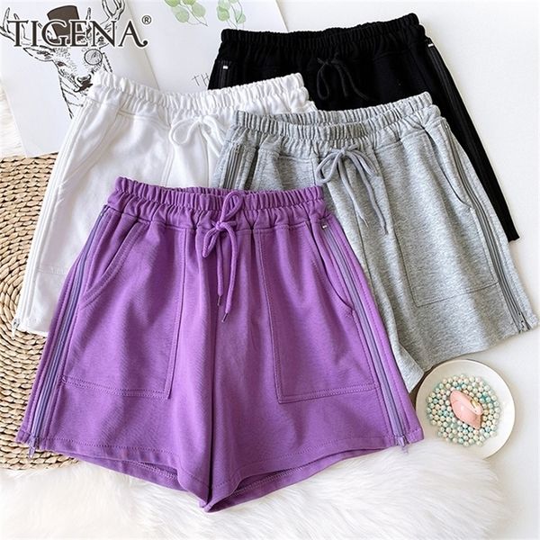 TIGENA 2020 Estate Pantaloncini di Cotone Delle Donne di Stile Coreano Elastico A Vita Alta Pantaloncini Femme Tasca Della Cinghia Della Chiusura Lampo Pantaloni Corti Delle Donne Viola T200701