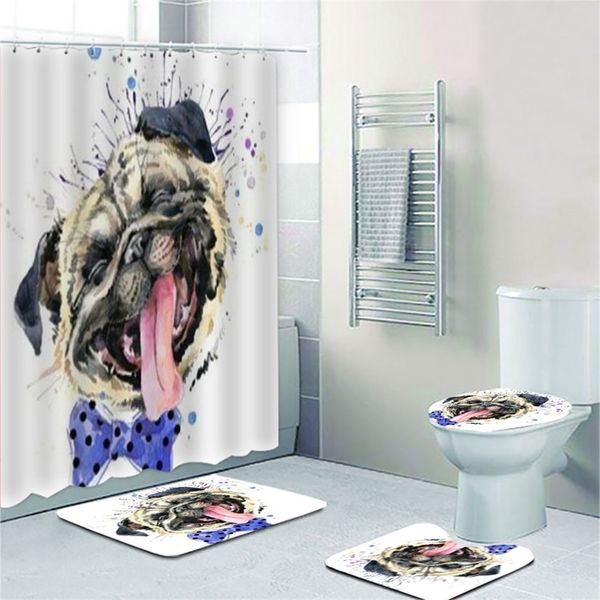 Divertente Laughing Pug Dog Tenda da bagno Doccia per camera Cute Acquerello Cucciolo Cani Animale domestico Tappetino Toilette Decorazioni per la casa 220429