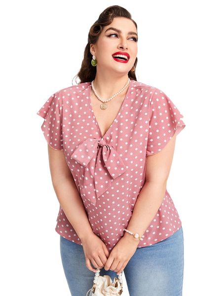 

plus polka dot print knot front butterfly sleeve blouse f7va#, Black