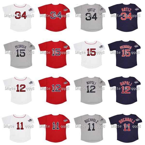 NA85 2013 Retro 15 Dustin Pedroia Jersey 34 David Ortiz 12 Mike Napoli 11 Clay Buchholz azul vermelho branco cinza camisas de beisebol vintage