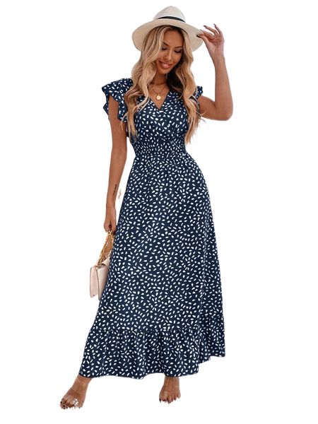 

allover print ruffle trim shirred waist dress d0ce#, Black;gray