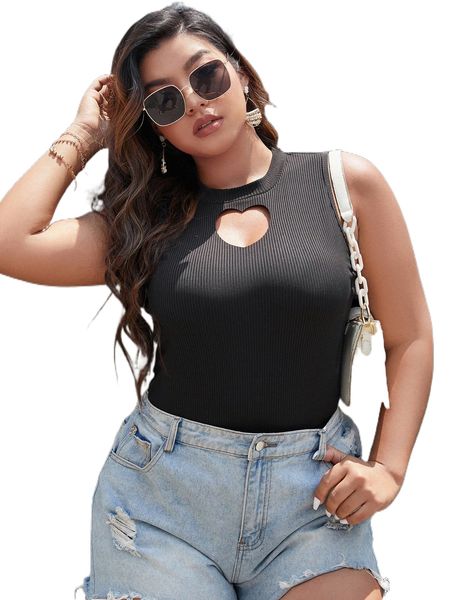 

plus rib knit cut out bodysuit n38q#, Black