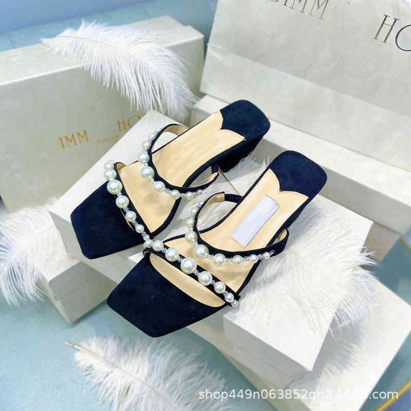 

sandals starry sky pearl high-heeled sals spring summer style with skirt, soft bottom, square head herringbone student wcwe, Black