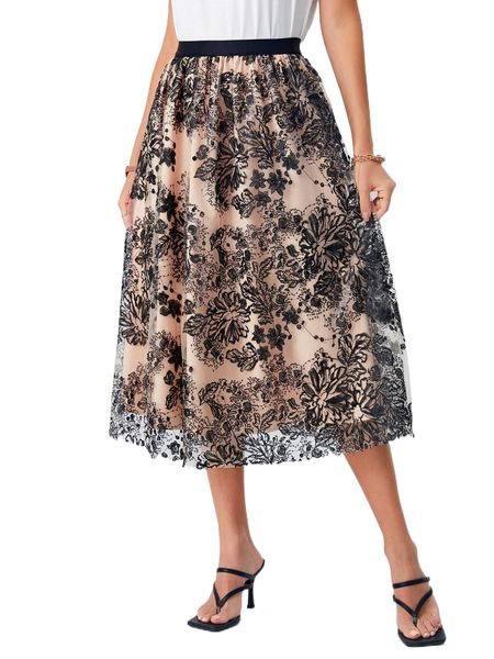 

emery rose floral embroidery elastic waist skirt 659f#, Black