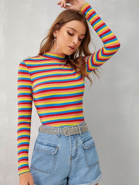 

mock-neck rib-knit striped tee o9ao#, White