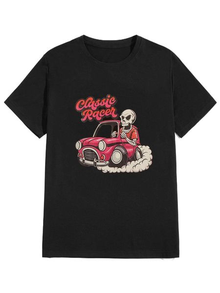 

romwe x movinkgraphic guys letter skull & car graphic tee 08lu#, White;black
