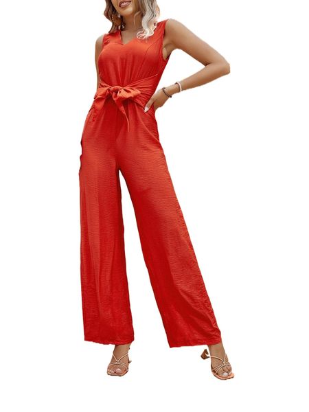 

solid tie front zipper back jumpsuit m0d4#, Black;white