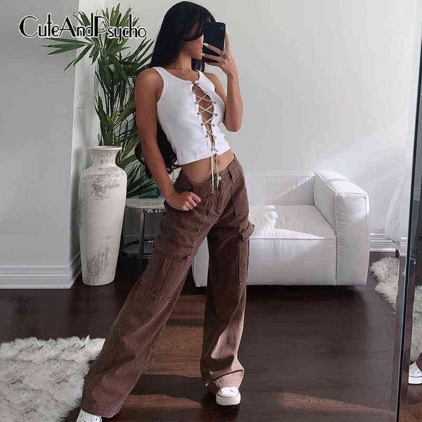 Streetwear Vintage Hot Baggy Brown Jeans Frauen Retro Taschen Casual Gerade Capris Hohe Taille Mode Mom Jeans Cuteandpsycho T220728