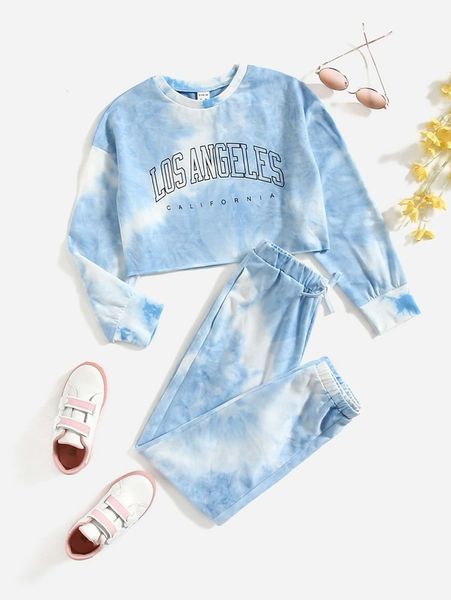 

girls letter graphic tie dye pullover & knotted front sweatpants she, White