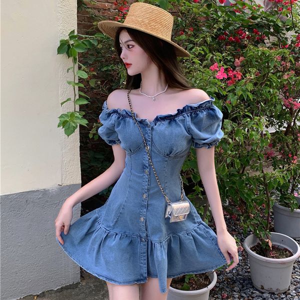 

2022 summer new style french first love fishtail dress women sweet temperament one-shoulder waist slim a-line denim vestidos, Black;gray