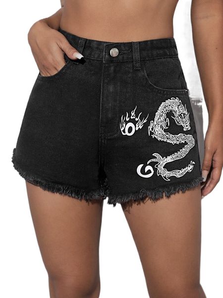 

high waist fire & chinese dragon graphic raw trim denim shorts l0qm#, White;black