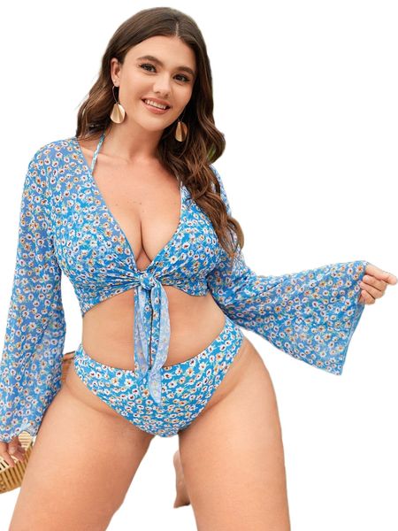 

plus 3pack ditsy floral tie front halter bikini swimsuit f68n#, White;black