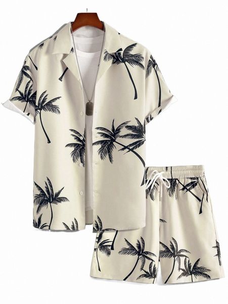 

men random palm tree print shirt & drawstring waist shorts without tee 58rb#, Gray