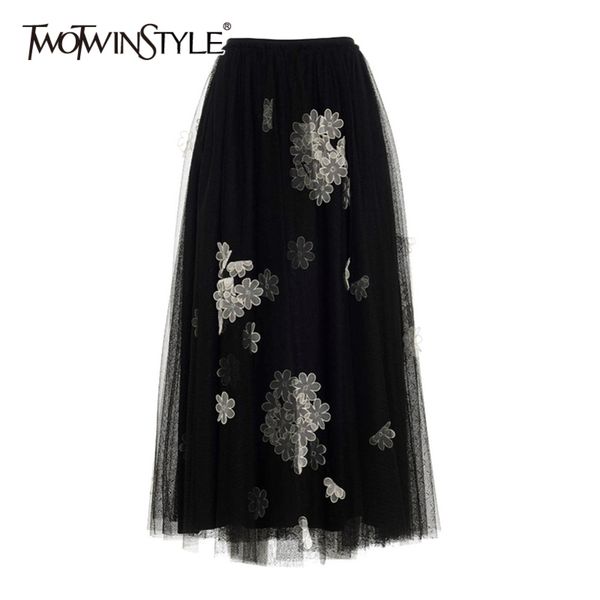 

black patchwork appliques floral skirt for women high waist mesh casual midi skirts female fashion clothing 210423