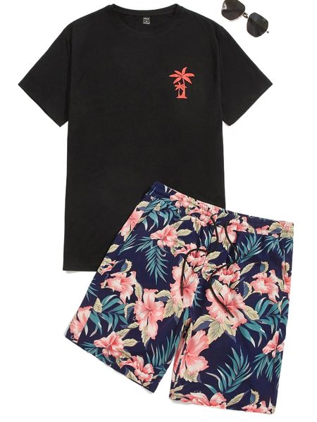 

men tropical print tee & drawstring waist shorts c0kh#, Gray