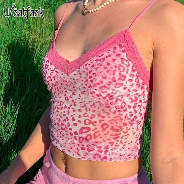 

waatfaak lace patchwork leopard print spaghetti backless streetwear cute pink crop women camisole busiter 2020 t200706, White