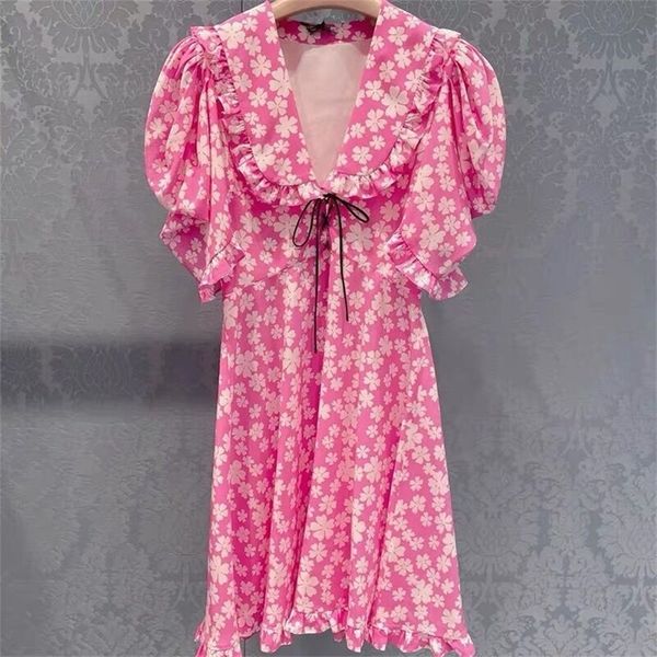 

clothing spring and summer floral french dress bubble short sleeve ruffle doll collar lace up pink skirt, Black;gray