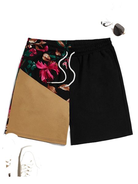 

men floral print colorblock drawstring waist shorts s6sj#, White;black