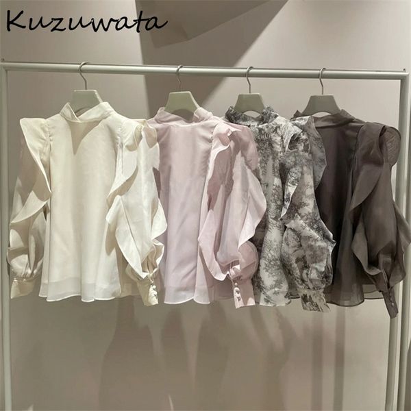 

kuzuwata early spring women elegant sweet blouses stand collar ruffled long sleeve back bowknot lace up shirts 220407, White