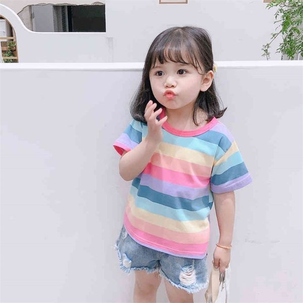 

children's t-shirts rainbow stirped girl t-shirt summer tshirt kids casual style clothes for girls 210412, White;black