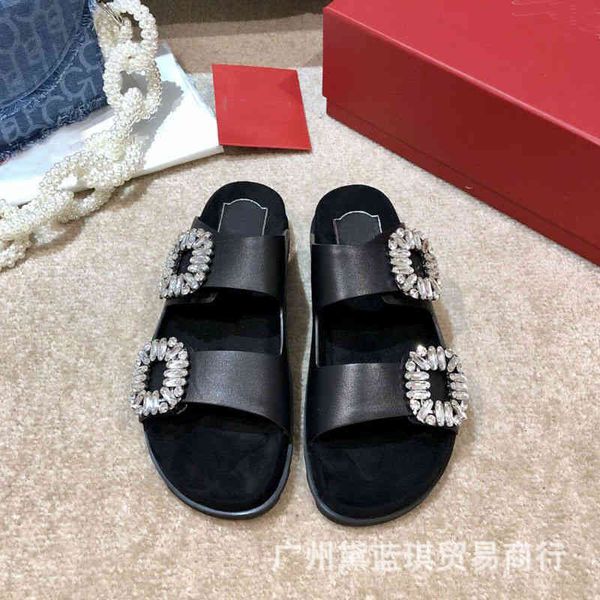 

slippers spring and summer cowhide silk satin pvc buckle round head open toe two word horizontal belt versatile external slippers, Black