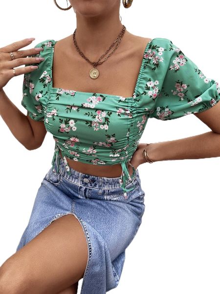 

floral print drawstring square neck puff sleeve shirred back blouse 69sy#, White