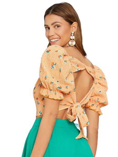 

floral & plaid print puff sleeve cut out tie back i3uq#, White