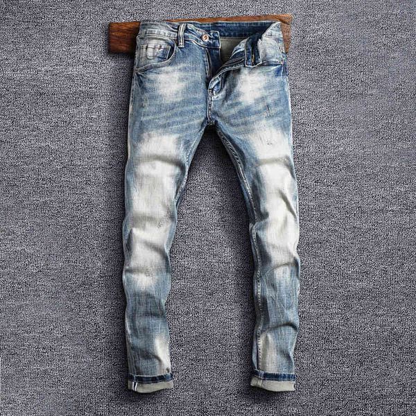 

men's jeans fashionable men's jeans worn out light grey blue washed micro elastic slim fit men b2x3