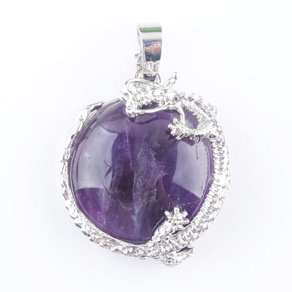 

dragon animal pendant natural stone amethyst flat round beads jewelry for women men fashion wholesale dn3161, Silver