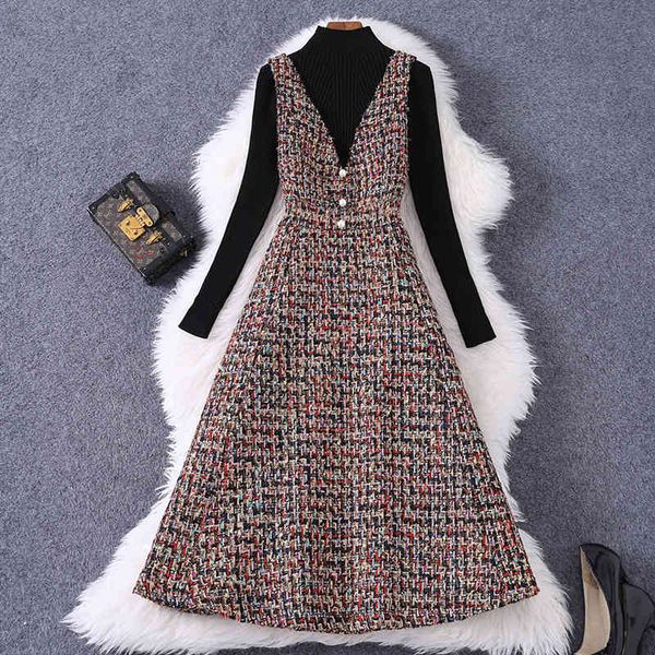 

casual dresses fresh and sweet lattice temperament brown sweater fashion long sleeved skirt suit 51602 epsz, Black;gray