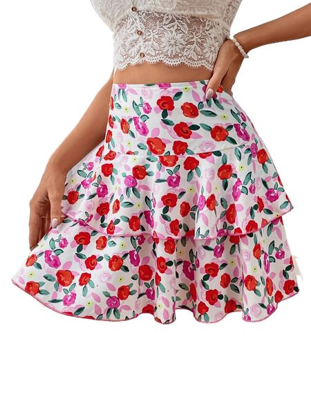 

floral print wide waistband layered hem skirt n9mr#, Black